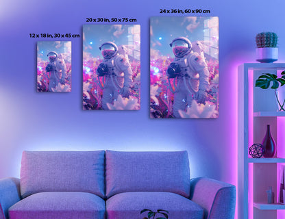 An astronaut in a white spacesuit and helmet is holding a camera, surrounded by a vibrant, cosmic-like environment with pink and purple hues, giving an otherworldly and dreamy atmosphere.
