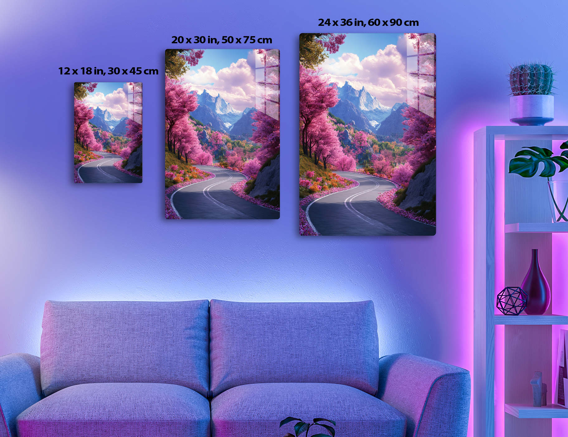 A winding road leads through a vibrant pink forest with blooming cherry trees towards majestic snow-capped mountains against a cloudy blue sky, creating a surreal and serene landscape scene.
