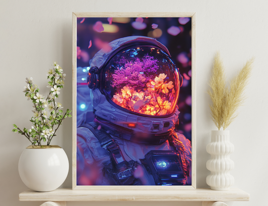 An astronaut helmet filled with vibrant pink and yellow flowers, creating a surreal and dreamlike scene against blurred bokeh lights in the background.
