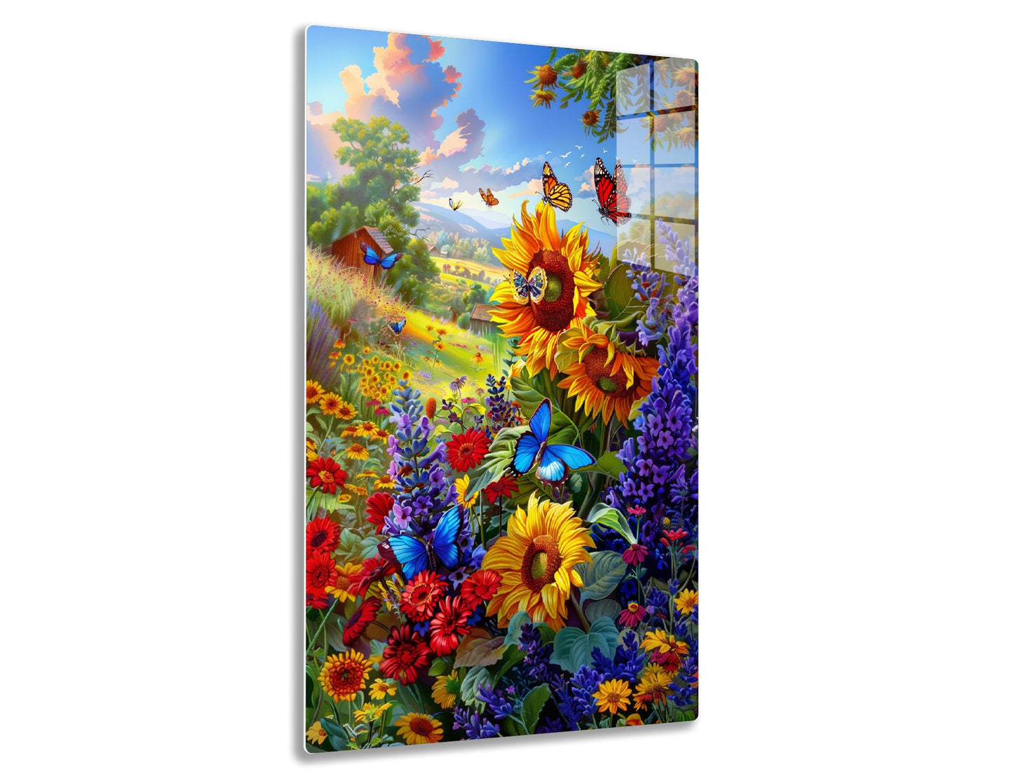 A vibrant landscape painting featuring a field of sunflowers, wildflowers, and butterflies against a backdrop of a quaint village and mountains with colorful clouds.
