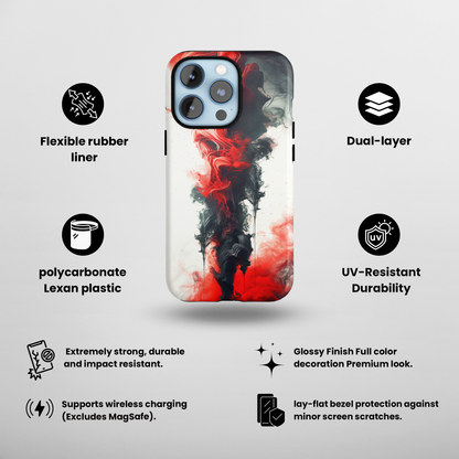 Ruby Ripples (iPhone Case 11-15)Elevate your iPhone's style with a Vibrant red ink flows on a tough case against a dark backdrop design. Sleek, durable protection for models 11-15. Free US shippingRimaGallery
