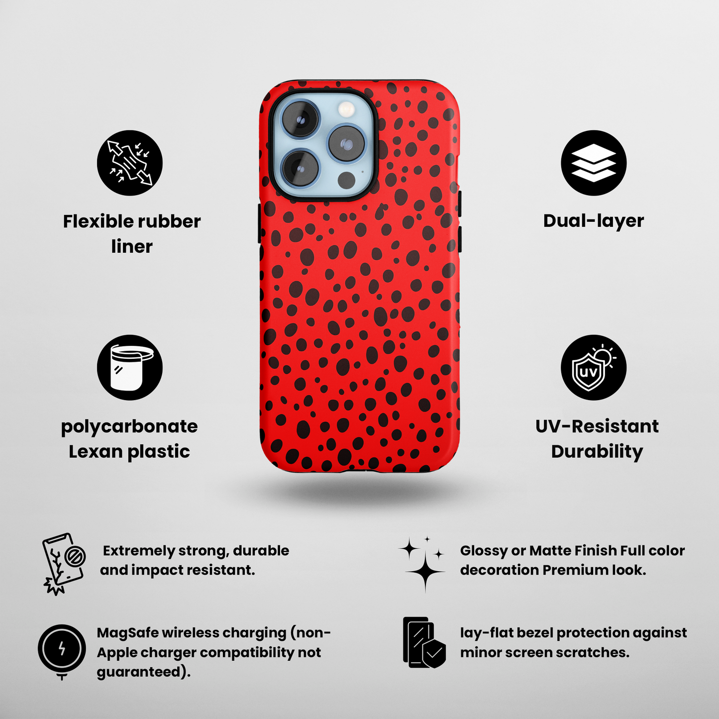 Dotted Delight - Red (iPhone MagSafe Case)Elevate your iPhone's style with the Red backdrop with varied black dots MagSafe Case, offering robust protection, MagSafe compatibility, and a choice of matte or glRimaGallery