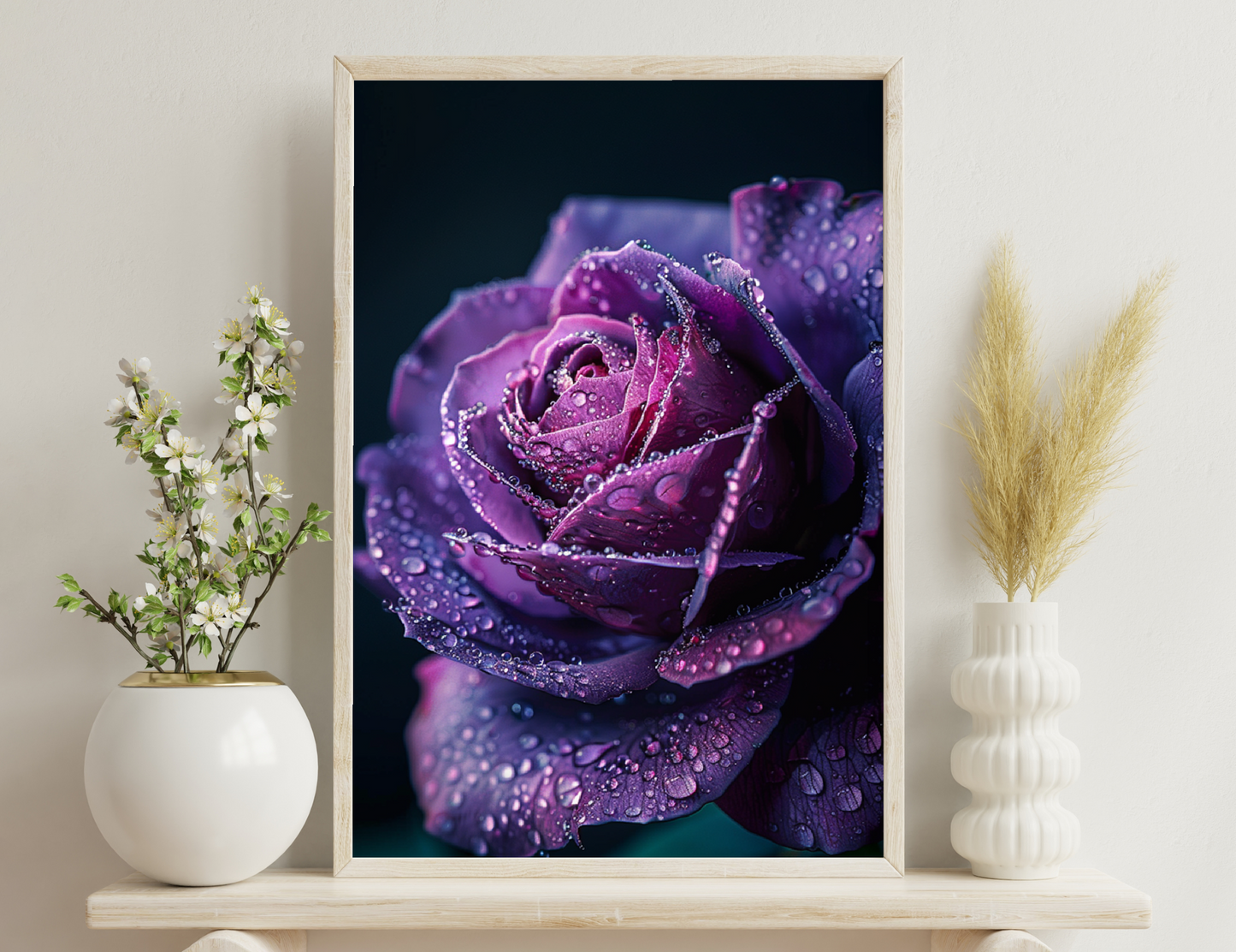 A close-up of a vibrant purple rose with water droplets glistening on its delicately furled petals against a dark background.
