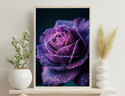 A close-up of a vibrant purple rose with water droplets glistening on its delicately furled petals against a dark background.

