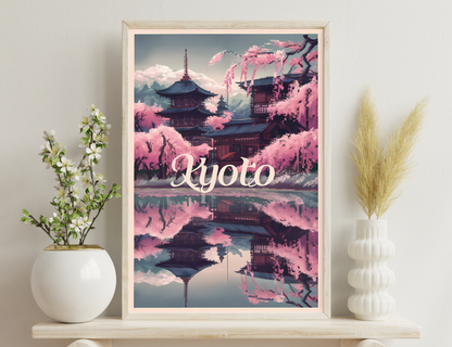A stylized illustration depicting traditional Japanese architecture surrounded by cherry blossoms in shades of pink, with mountains and pagodas reflected in a tranquil lake, creating a serene and picturesque scene of Kyoto.
