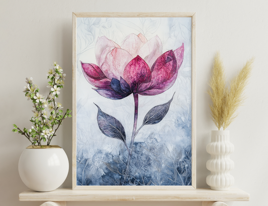 A delicate watercolor painting of a vibrant pink and purple lotus flower with intricate detailing on its petals, set against a soft blue and gray background with leaf patterns.
