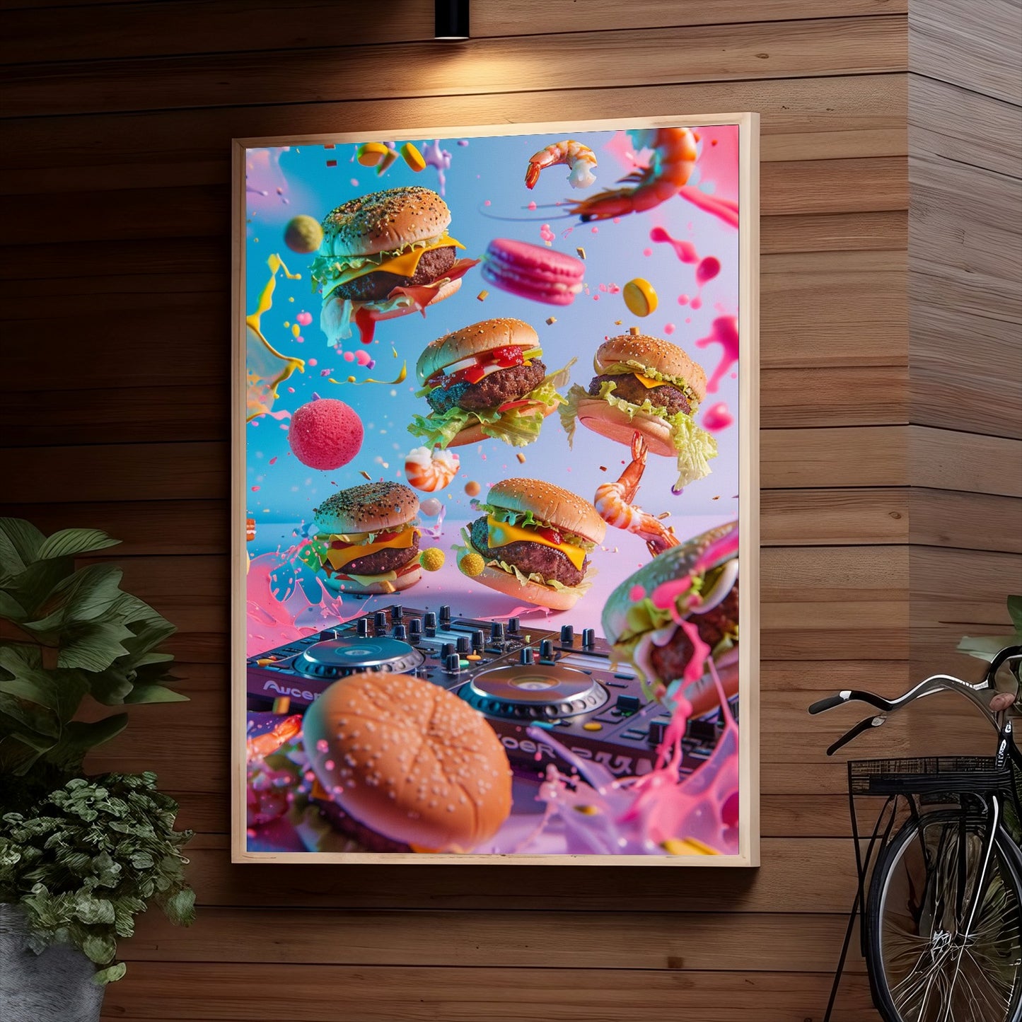 Colorful burger explosion with shrimp and DJ turntable, creating a vibrant and imaginative scene combining food and music elements in an artistic composition.
