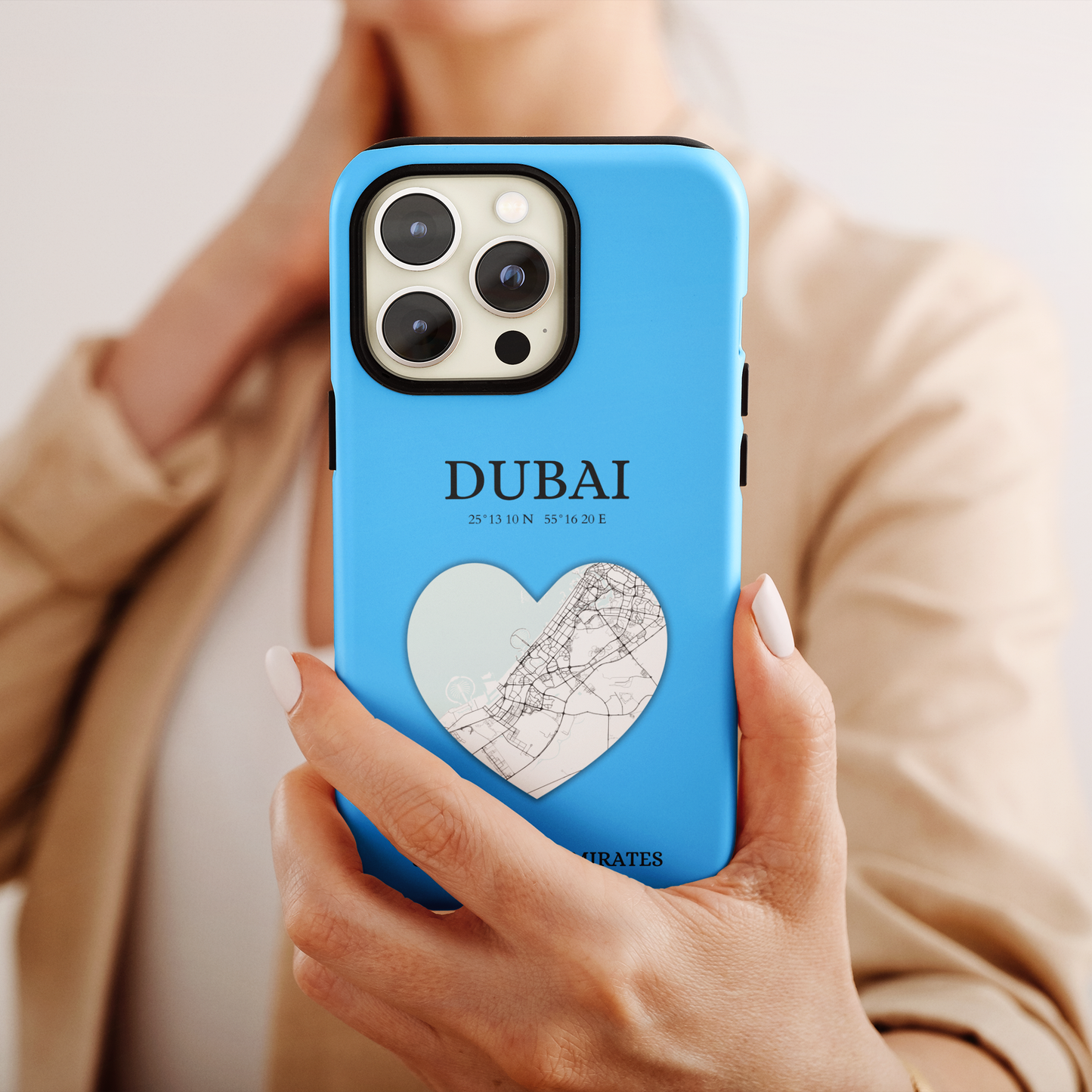 Dubai Heartbeat - Sky Blue (iPhone Case 11-15)Capture the essence of Dubai with RimaGallery's Heartbeat Purple iPhone case, blending durable protection and unique design. Perfect for iPhone 11-15 models. Free shRimaGallery