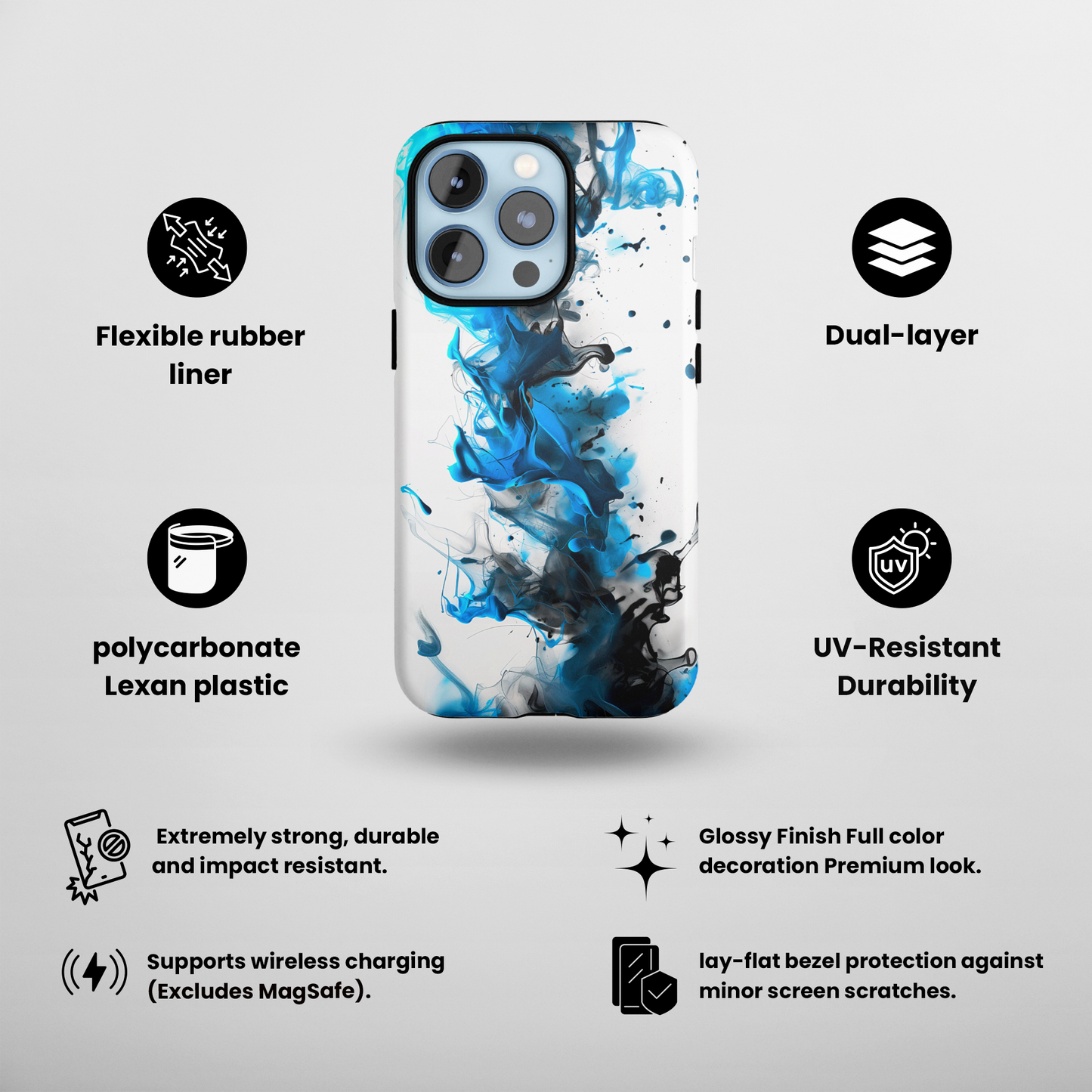 Blue Whisper (iPhone Case 11-15)Elevate your iPhone's style with a Blue and black ink abstract design on a white tough case. Sleek, durable protection for models 11-15. Free US shipping.RimaGallery