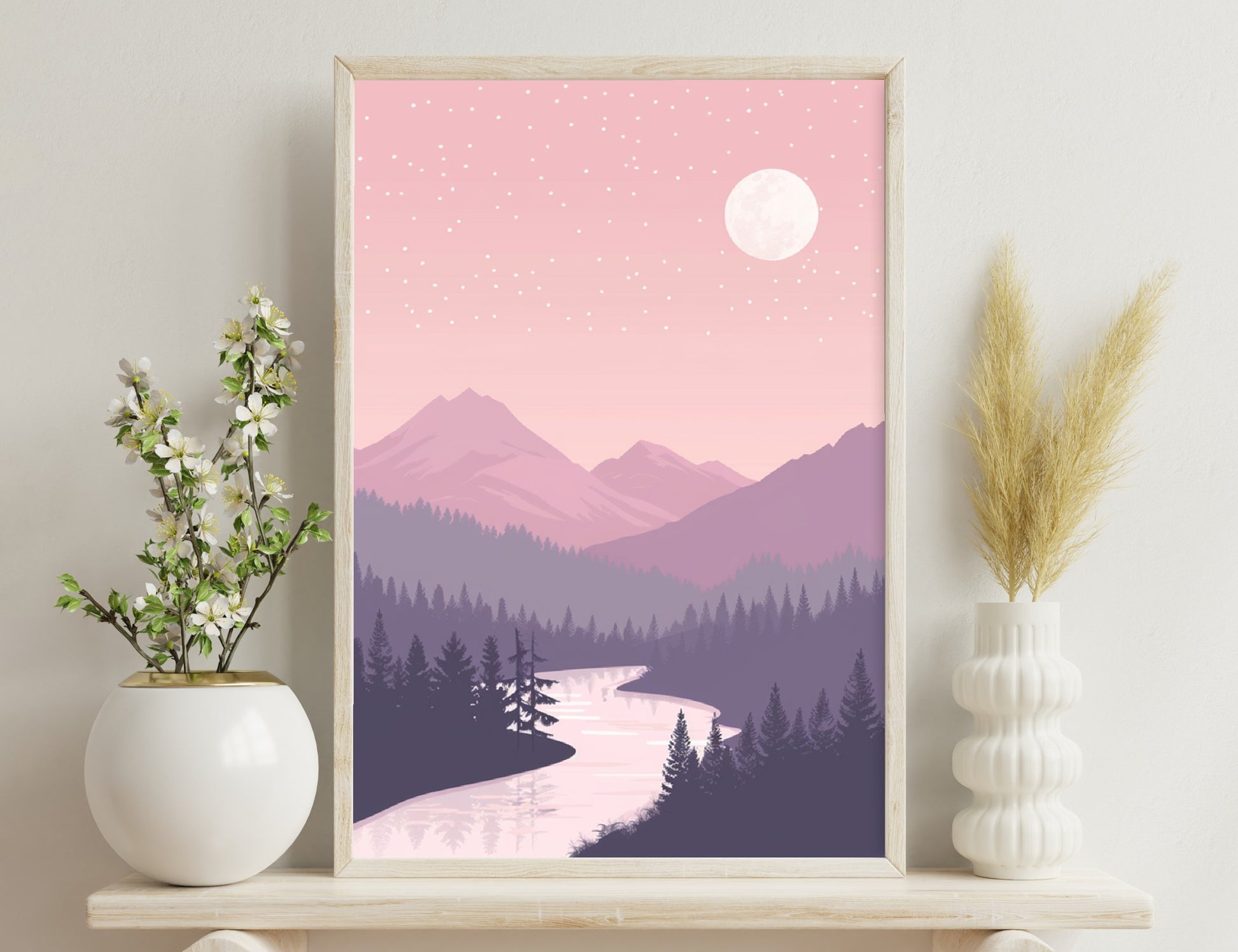 A serene mountain landscape at night, featuring silhouettes of pine trees in the foreground, a winding river, purple mountains with snow-capped peaks, a full moon, and a starry pink sky.

