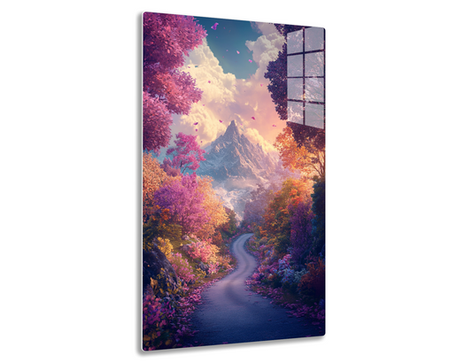 A winding path surrounded by vibrant autumn foliage leads towards a majestic snow-capped mountain peak against a cloudy sky with butterflies fluttering about.
