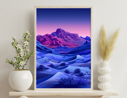 A surreal nighttime landscape with towering purple mountains, blue snow dunes dotted with spiky blue plants, and a starry gradient sky blending from deep blue to vibrant pinks.
