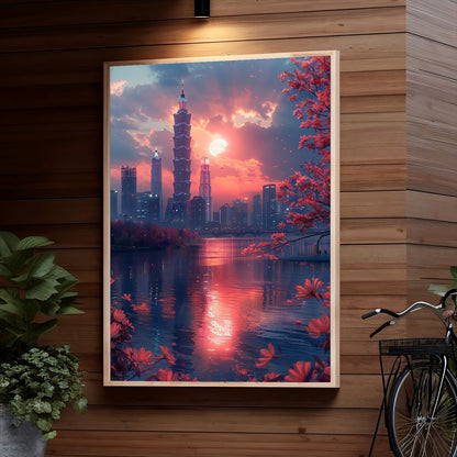 Vibrant sunset skyline of a modern city with towering skyscrapers reflected in a lake, surrounded by blooming red cherry blossom trees creating a serene and picturesque atmosphere.
