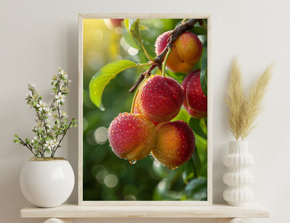 Ripe red cherries covered in dew drops, hanging from branches with green leaves against a bokeh background.
