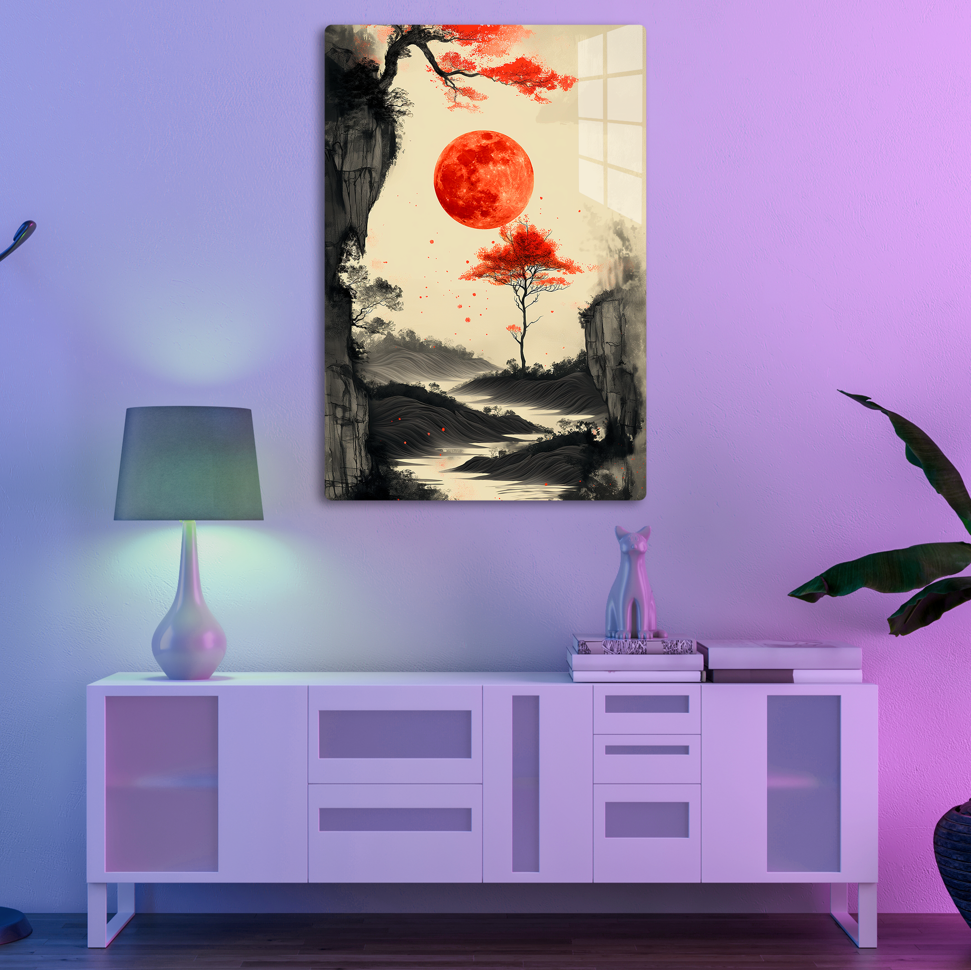 Scarlet Moonrise (Acrylic)Step into the universe with Ethereal landscape with a vivid red moon. Acrylic art from RimaGallery. Experience the cosmos in your home with vibrant, ethically crafteRimaGallery