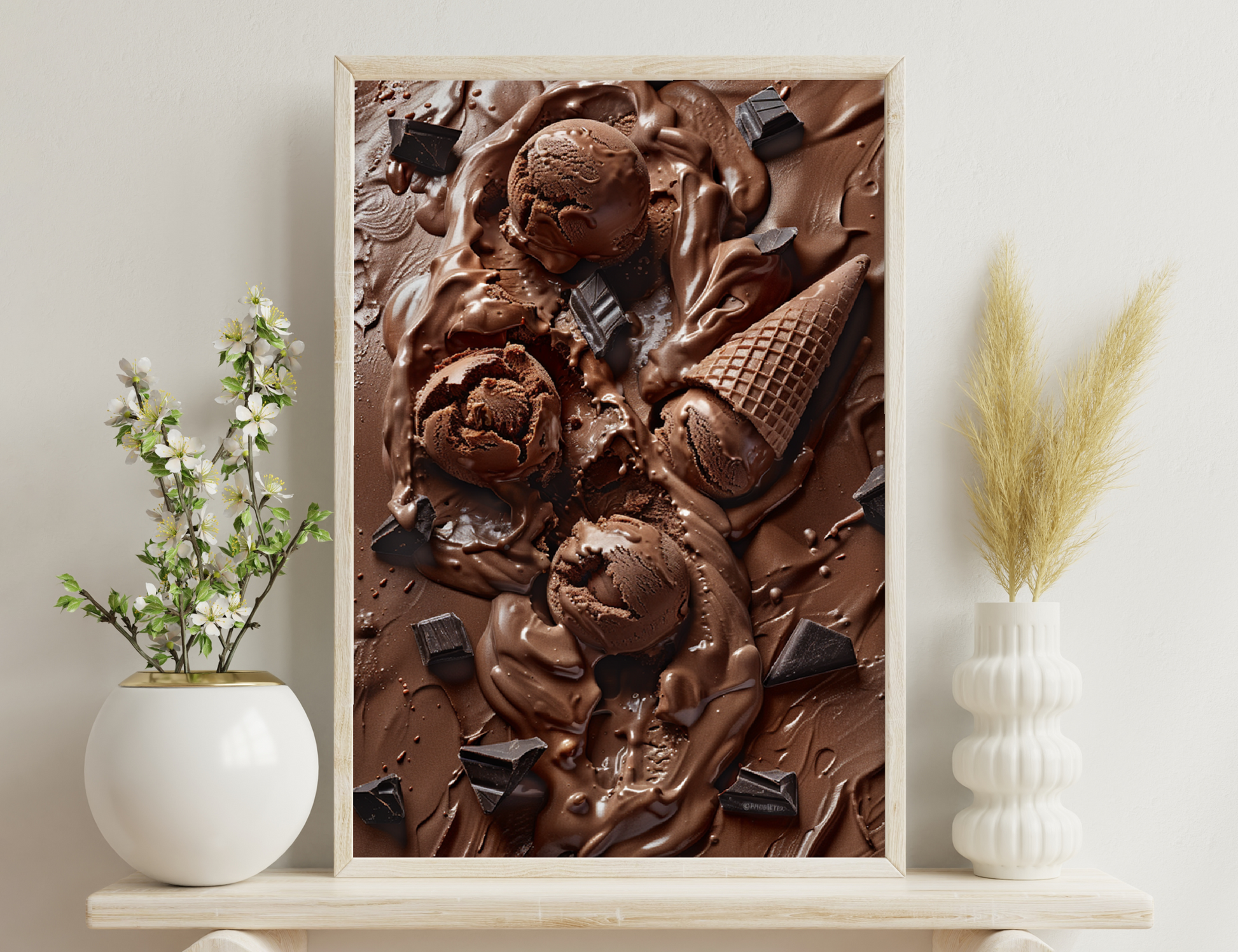 A melted, swirling composition of milk chocolate, dark chocolate scoops, wafers, and splashes forming an indulgent, mouth-watering choco-licious delight.
