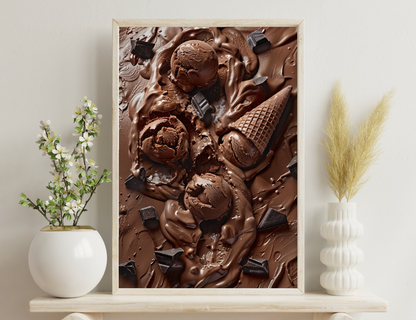 A melted, swirling composition of milk chocolate, dark chocolate scoops, wafers, and splashes forming an indulgent, mouth-watering choco-licious delight.
