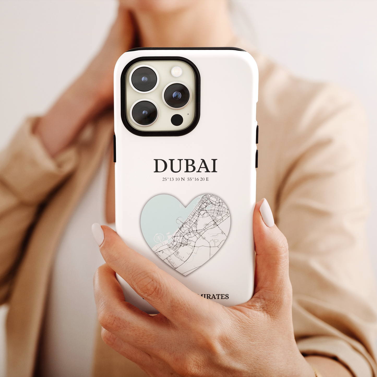 Dubai Heartbeat - White (iPhone Case 11-15)Capture the essence of Dubai with RimaGallery's Heartbeat White iPhone case, blending durable protection and unique design. Perfect for iPhone 11-15 models. Free shiRimaGallery