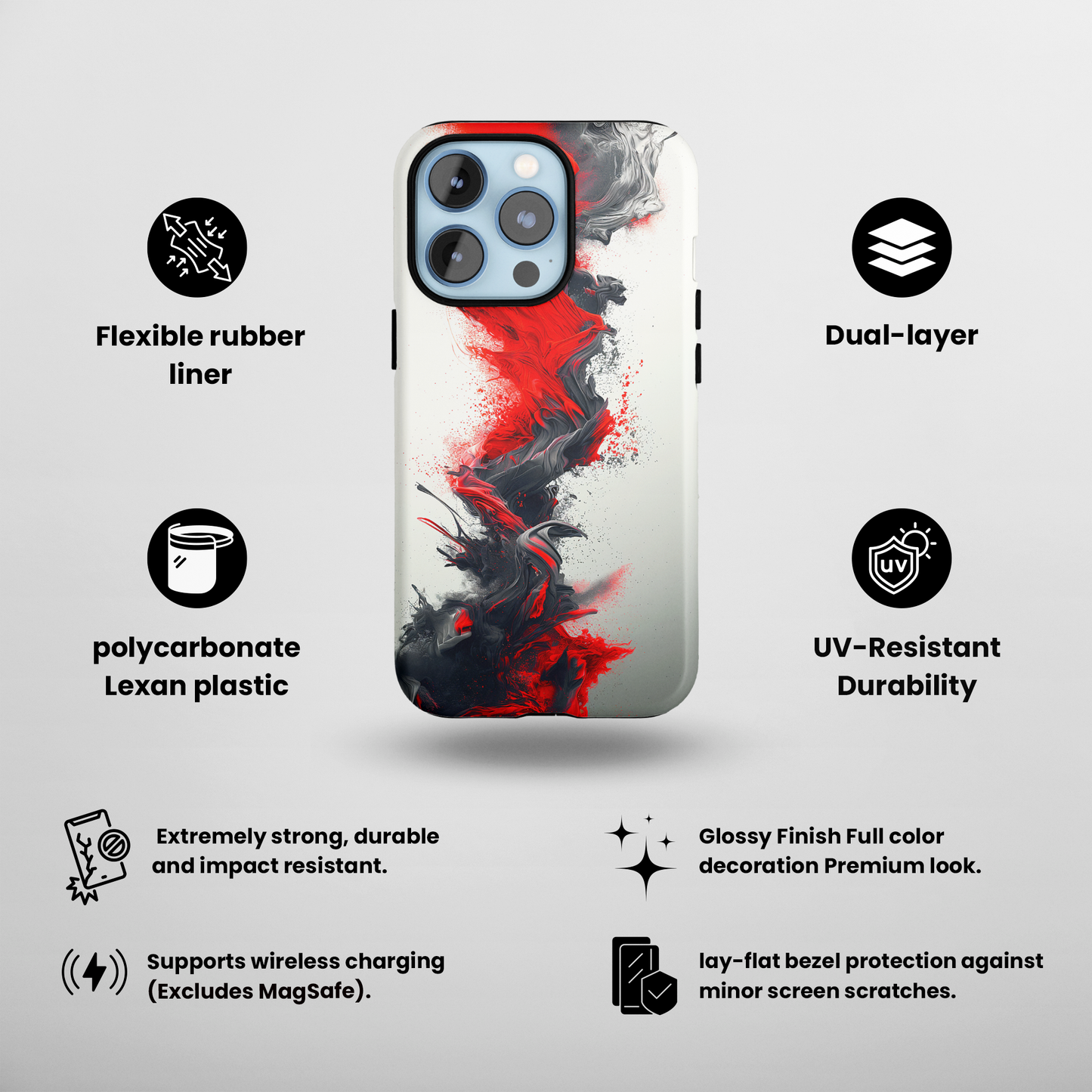 Scarlet Swish (iPhone Case 11-15)Elevate your iPhone's protection and style with RimaGallery's Artistic red and black abstract On case, featuring dual-layer defense and a sleek, glossy finish. Free RimaGallery