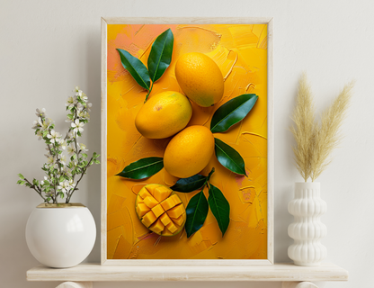 Ripe mangoes with green leaves arranged on a vibrant orange background.
