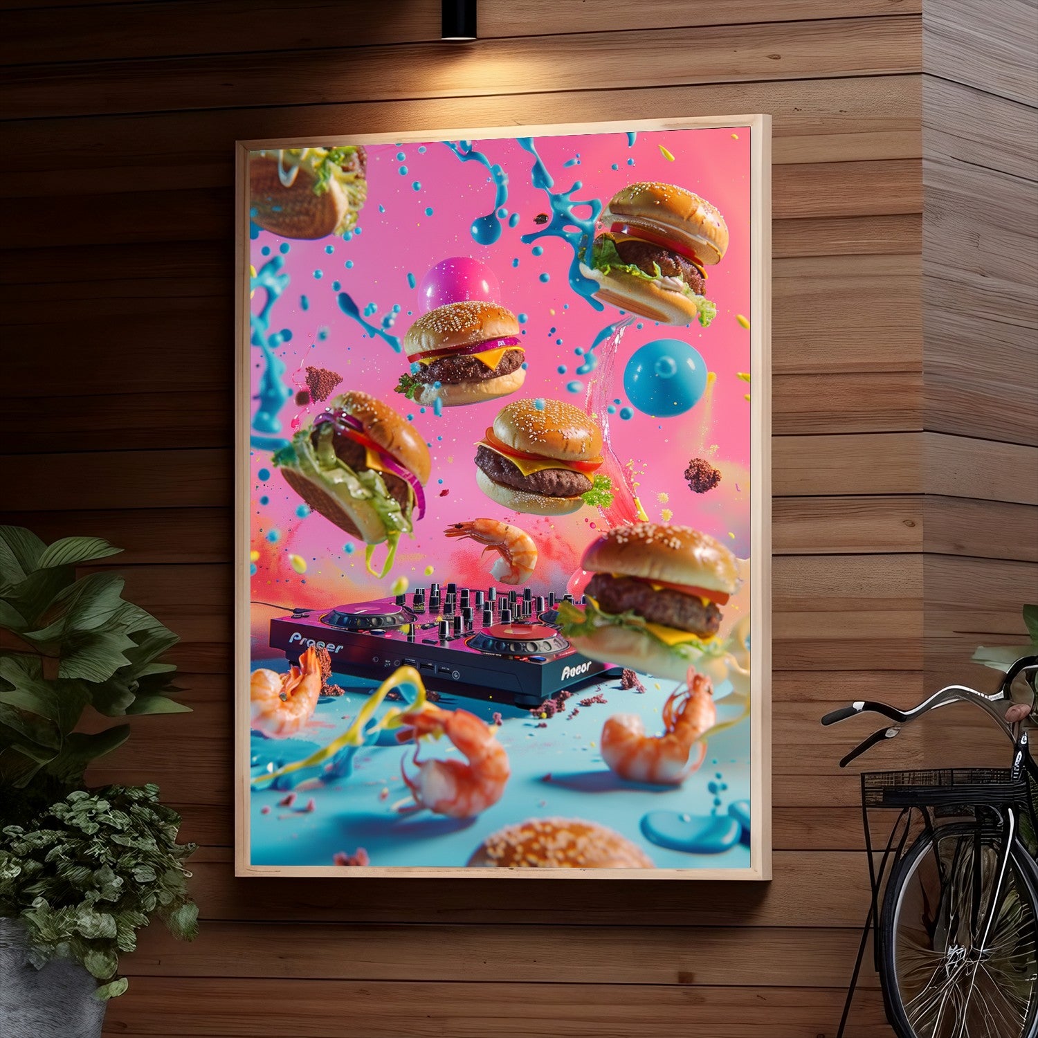 Colorful burger photo showing burgers floating in midair with splatters of condiments and a DJ turntable, creating a playful and dynamic composition.
