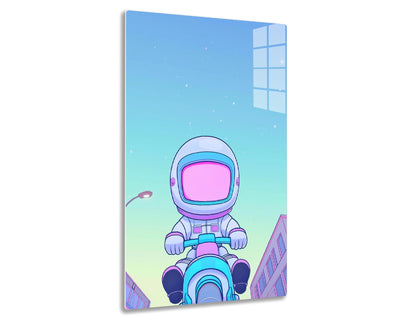 An illustration of an astronaut wearing a colorful spacesuit, sitting on a futuristic vehicle, against a starry blue sky with stylized buildings in the background.
