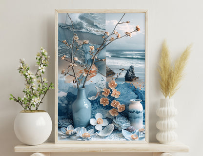 Beach scene with vases, dried flowers, and ocean view. Blue and tan ceramic vases, driftwood branches with dried blossoms, and ceramic succulents arranged in foreground with seascape and rock formation in background.
