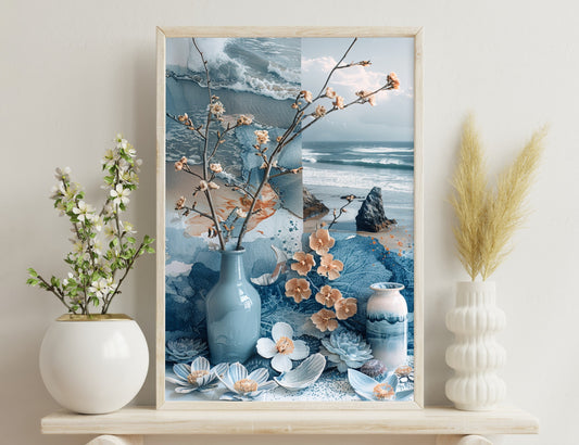 Beach scene with vases, dried flowers, and ocean view. Blue and tan ceramic vases, driftwood branches with dried blossoms, and ceramic succulents arranged in foreground with seascape and rock formation in background.
