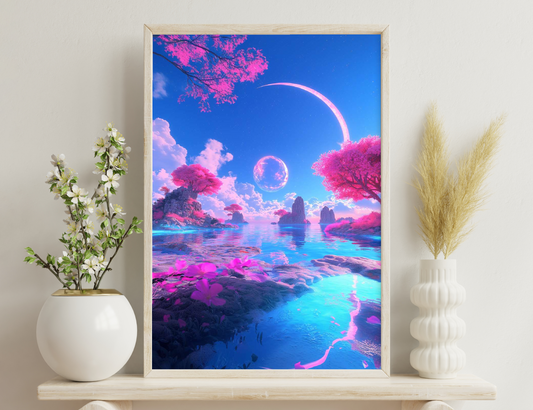 A surreal landscape with vibrant pink trees, a crescent moon, a floating bubble, and rocky formations emerging from a turquoise body of water reflecting the dreamy sky.
