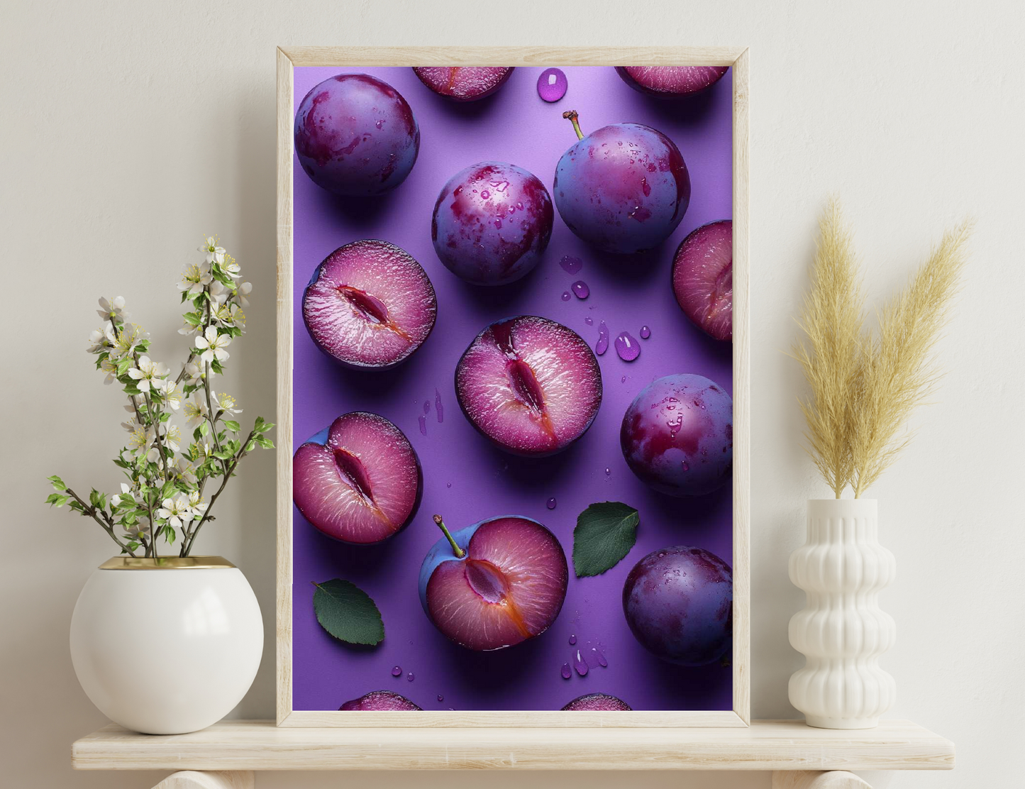 Purple plums scattered on a violet background, some whole, some sliced open revealing their vibrant pink flesh, with water droplets adding a refreshing touch to this appetizing fruit arrangement.
