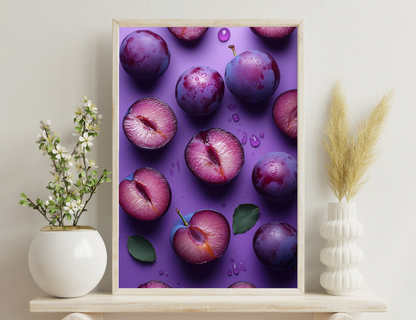 Purple plums scattered on a violet background, some whole, some sliced open revealing their vibrant pink flesh, with water droplets adding a refreshing touch to this appetizing fruit arrangement.
