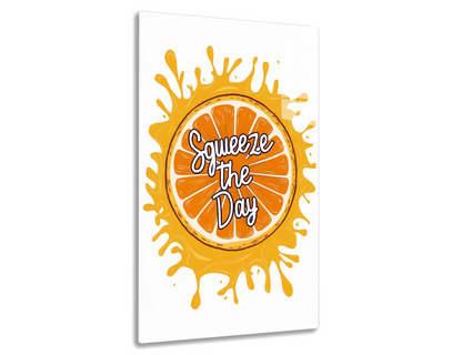 An orange illustration with the text "Squeeze the Day" in the center, surrounded by a splashing orange juice graphic.
