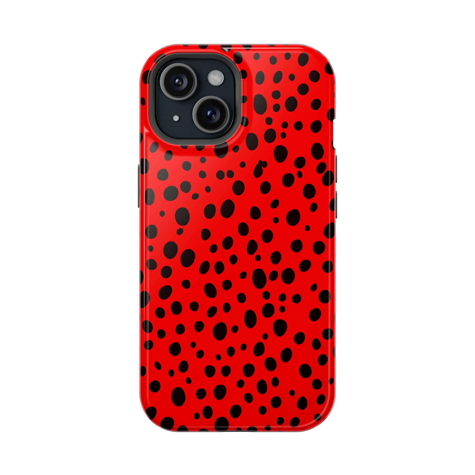 Dotted Delight - Red (iPhone MagSafe Case)Elevate your iPhone's style with the Red backdrop with varied black dots MagSafe Case, offering robust protection, MagSafe compatibility, and a choice of matte or glRimaGallery
