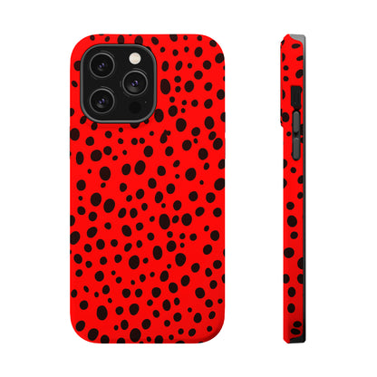 Dotted Delight - Red (iPhone MagSafe Case)Elevate your iPhone's style with the Red backdrop with varied black dots MagSafe Case, offering robust protection, MagSafe compatibility, and a choice of matte or glRimaGallery
