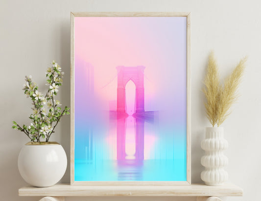 An abstract digital illustration of the Brooklyn Bridge in shades of pink and purple, with a bluish reflection below creating a dreamy, atmospheric effect.
