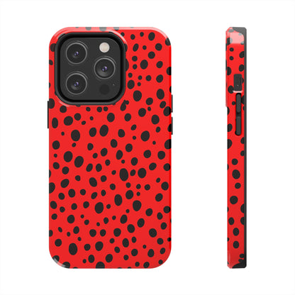 Dotted Delight - Red (iPhone Case 11-15)Elevate your iPhone's style with Rima's Red backdrop with varied black dots case. Sleek, durable protection for models 11-15. Free US shipping.RimaGallery
