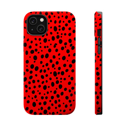 Dotted Delight - Red (iPhone MagSafe Case)Elevate your iPhone's style with the Red backdrop with varied black dots MagSafe Case, offering robust protection, MagSafe compatibility, and a choice of matte or glRimaGallery