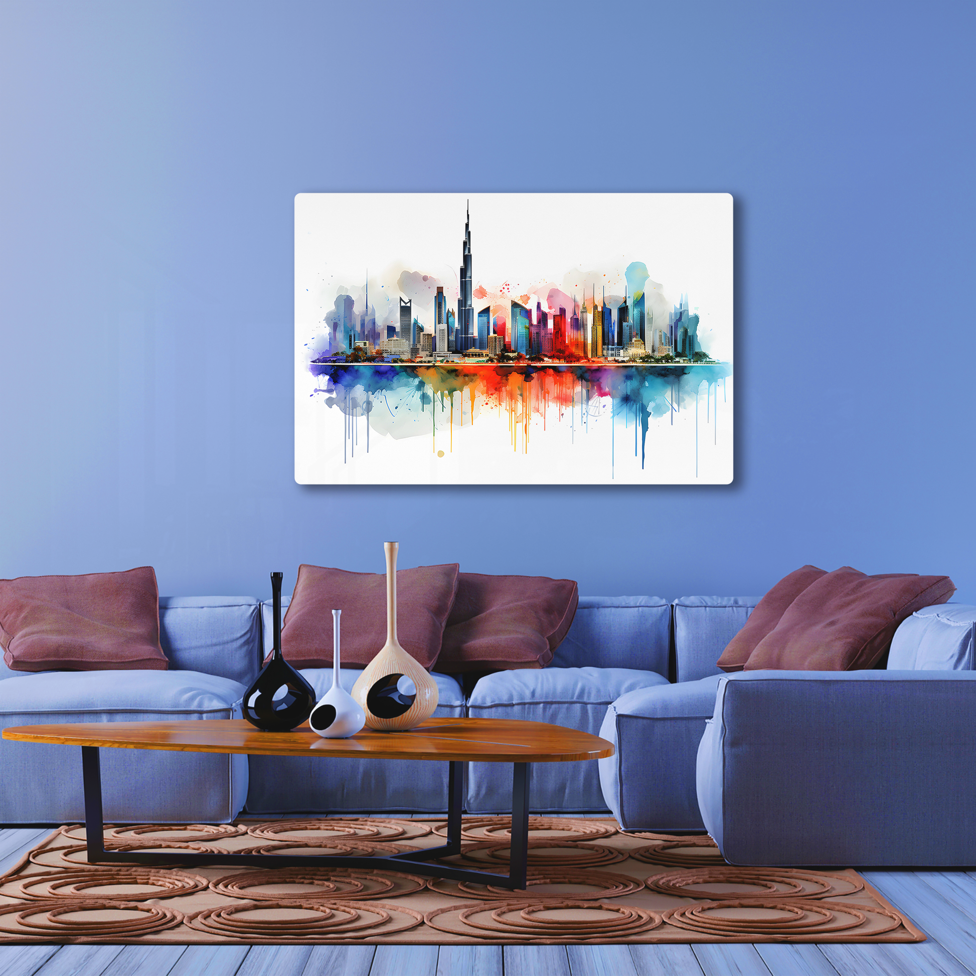 Watercolor Dubai Skyline (Acrylic)Make a statement with Watercolor Dubai Skyline acrylic prints. The 1⁄4" acrylic panel exudes the illusion of a smooth glass surface for vibrant artwork. Pre-installeRimaGallery