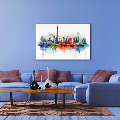 Watercolor Dubai Skyline (Acrylic)Make a statement with Watercolor Dubai Skyline acrylic prints. The 1⁄4" acrylic panel exudes the illusion of a smooth glass surface for vibrant artwork. Pre-installeRimaGallery