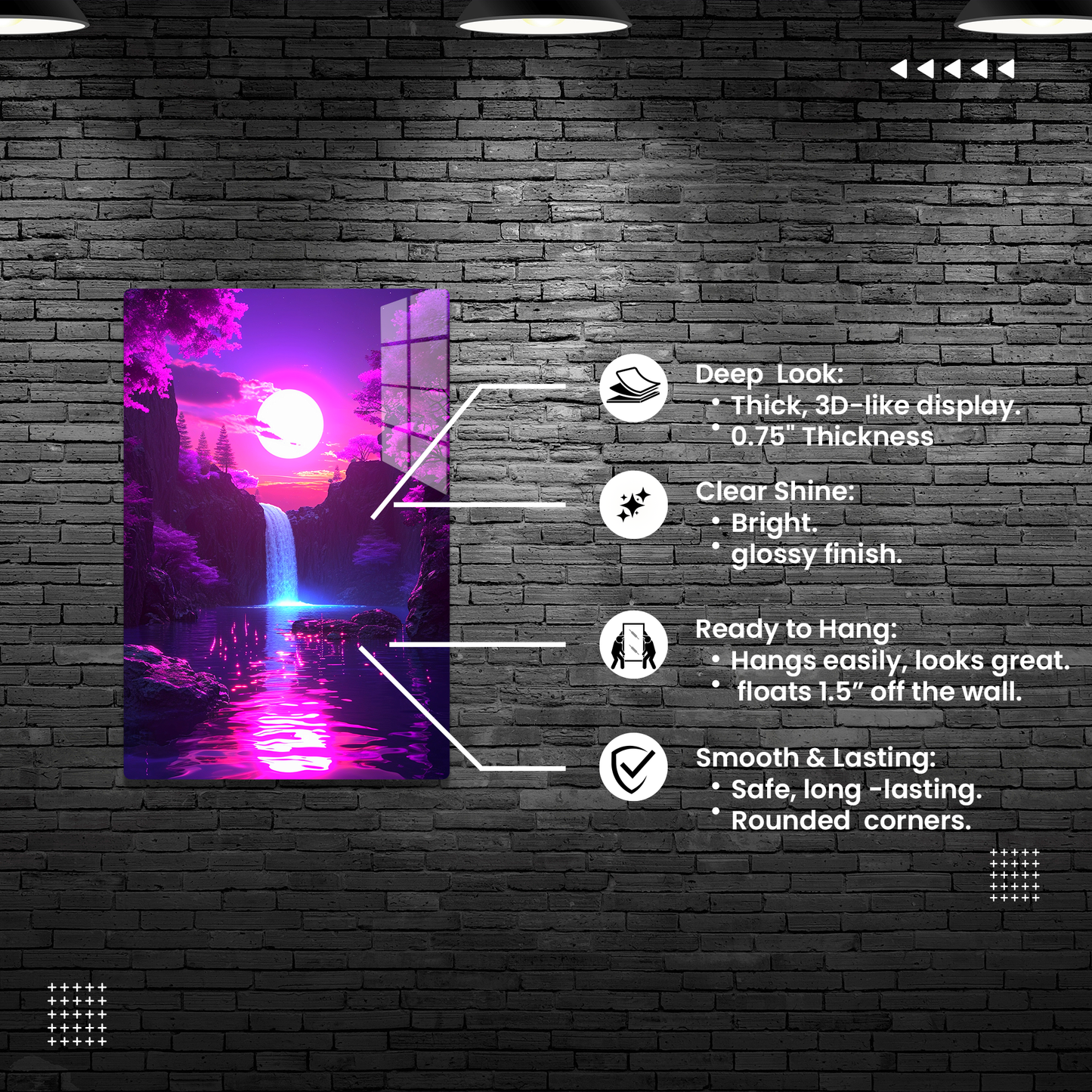 Moonlit Cascade (Acrylic)Make a statement with Moonlit Cascade acrylic prints. The 1⁄4" acrylic panel exudes the illusion of a smooth glass surface for vibrant artwork. Pre-installed hangingRimaGallery