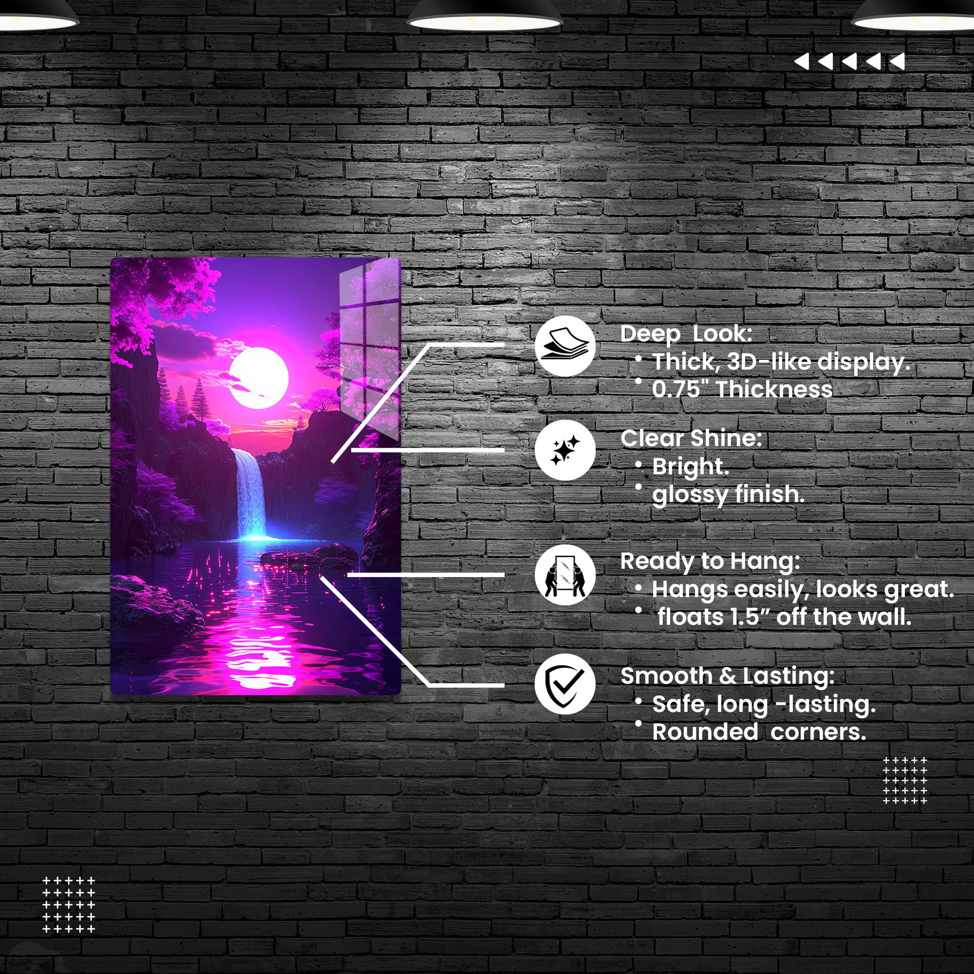 Moonlit Cascade (Acrylic)Make a statement with Moonlit Cascade acrylic prints. The 1⁄4" acrylic panel exudes the illusion of a smooth glass surface for vibrant artwork. Pre-installed hangingRimaGallery