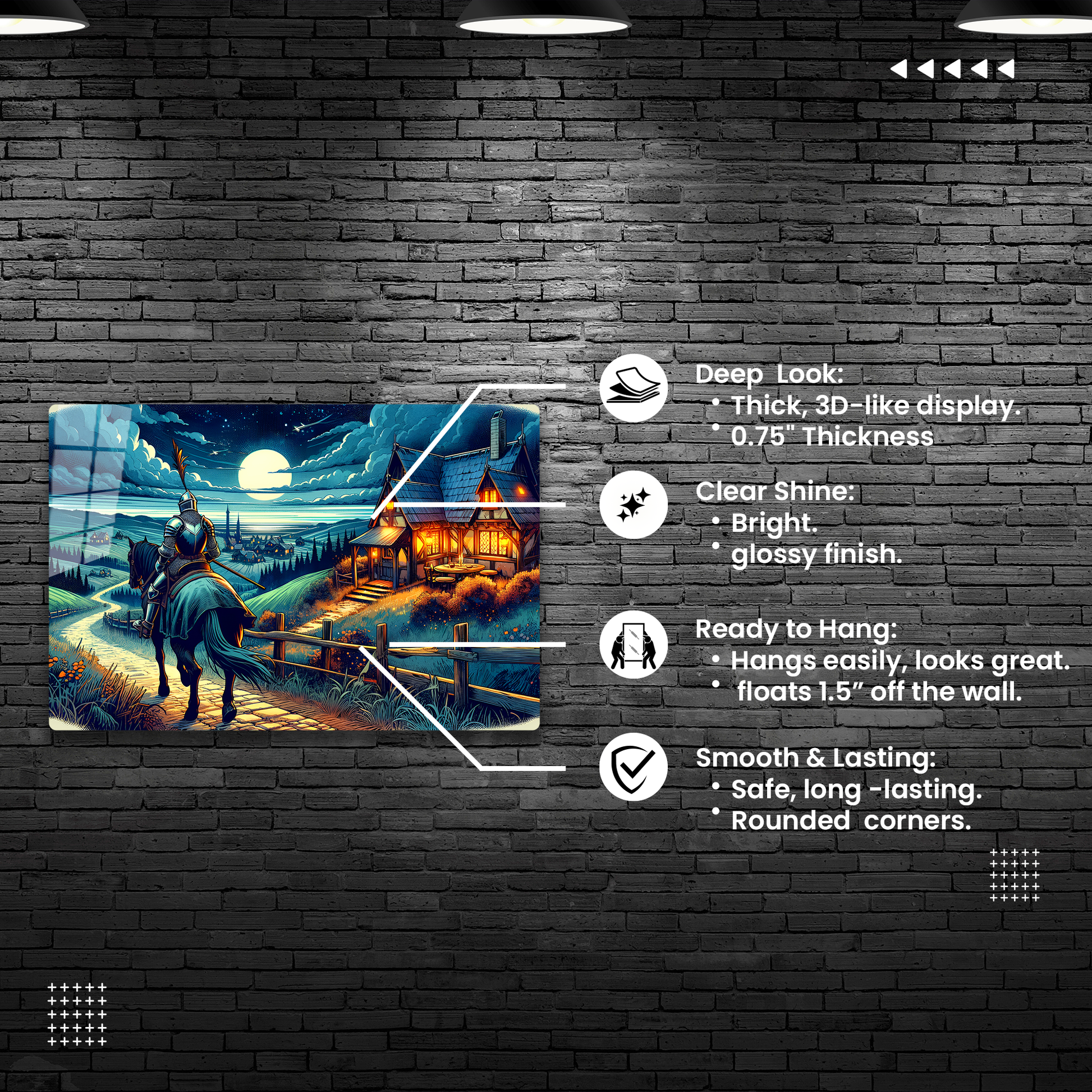 Moonlit Knight's Return (Acrylic)Make a statement with Moonlit Knight's Return acrylic prints. The 1⁄4" acrylic panel exudes the illusion of a smooth glass surface for vibrant artwork. Pre-installedRimaGallery