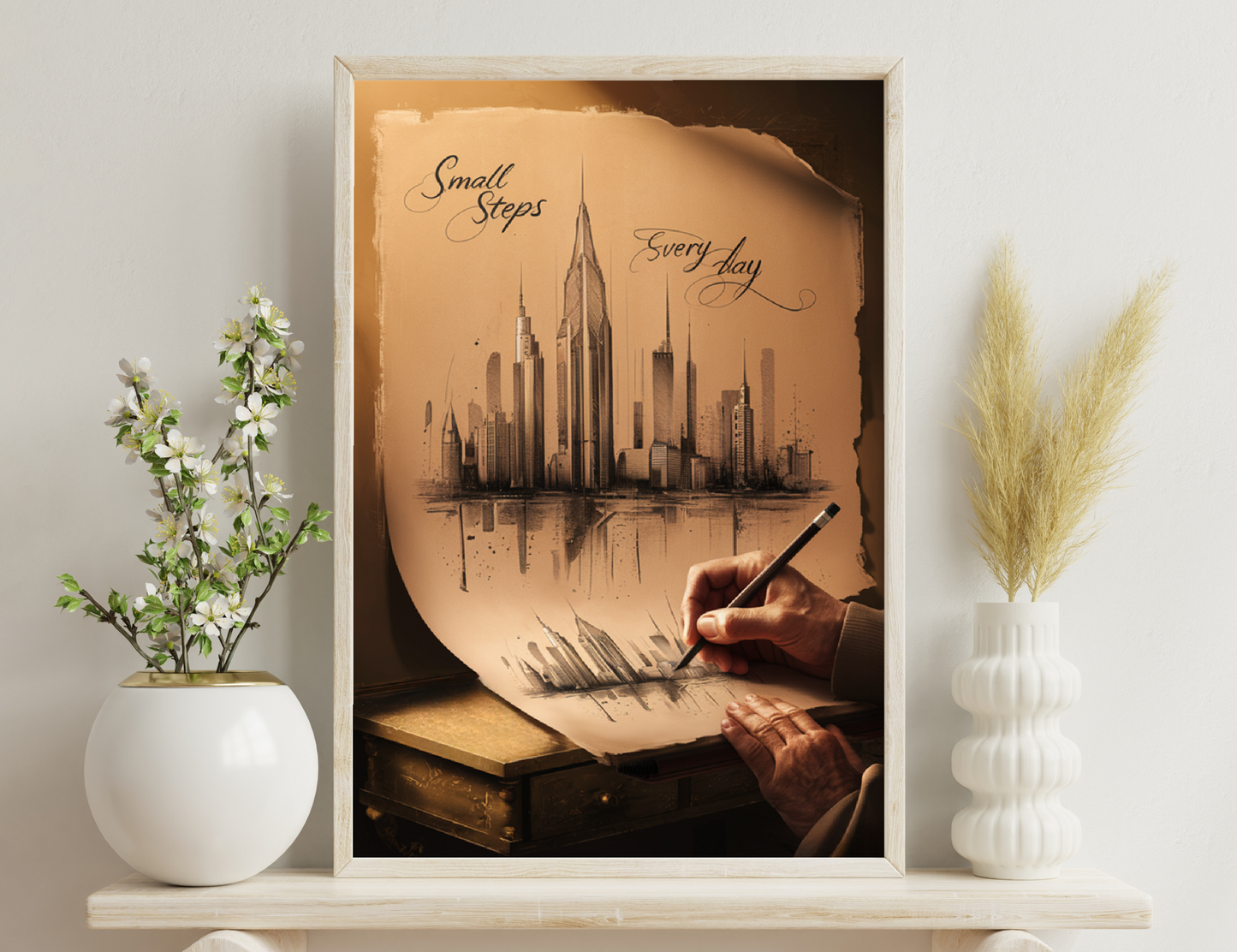 A vintage-style illustration shows a hand sketching a futuristic cityscape with towering skyscrapers reflected in water, along with the text "Small Steps Every Day", symbolizing progress through consistent effort.
