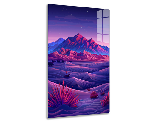 A vibrant landscape at dusk featuring majestic, snow-capped mountains in shades of red and blue against a starry sky, with rolling hills and desert plants in the foreground.

