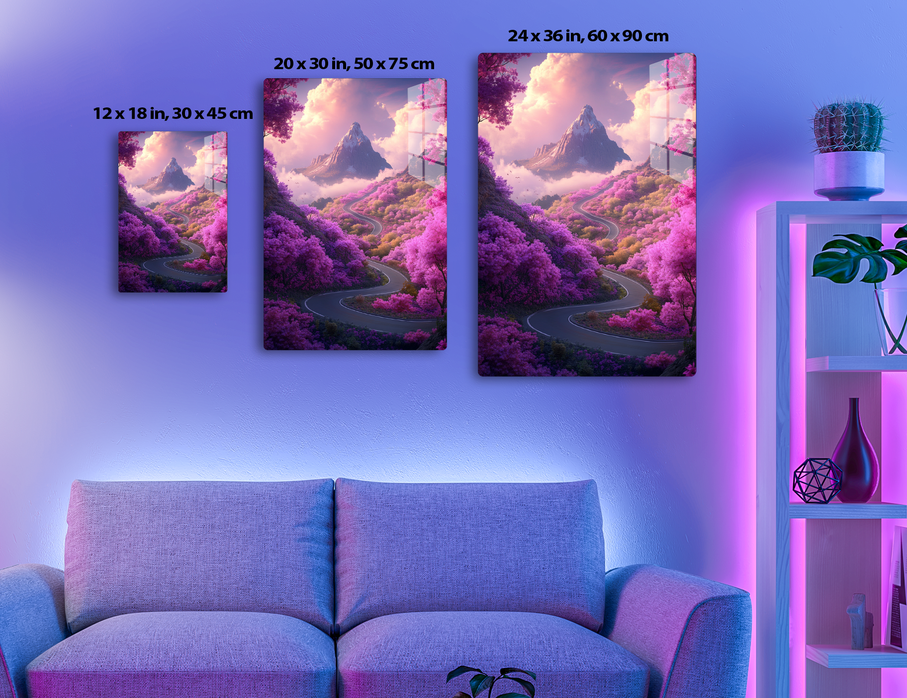 A winding road leads through a surreal landscape of vibrant pink and purple trees and bushes towards a towering mountain peak under a dramatic cloudy sky, creating a dreamlike, fantastical scene.
