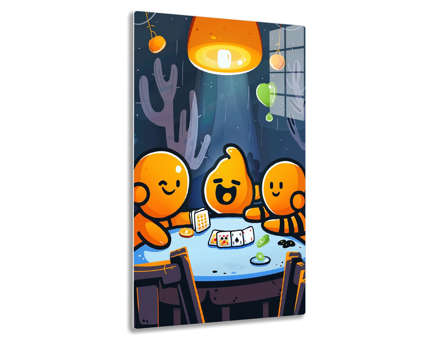 A group of smiling orange characters playing cards and enjoying snacks in a desert environment under a large glowing lamp, with cacti and celestial objects surrounding them.
