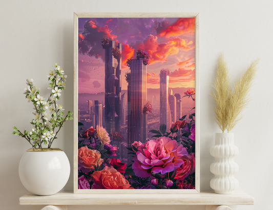A futuristic city skyline with towering skyscrapers against a vivid fiery sunset sky, surrounded by lush blooming flowers and foliage creating a striking contrast between urban and natural elements.
