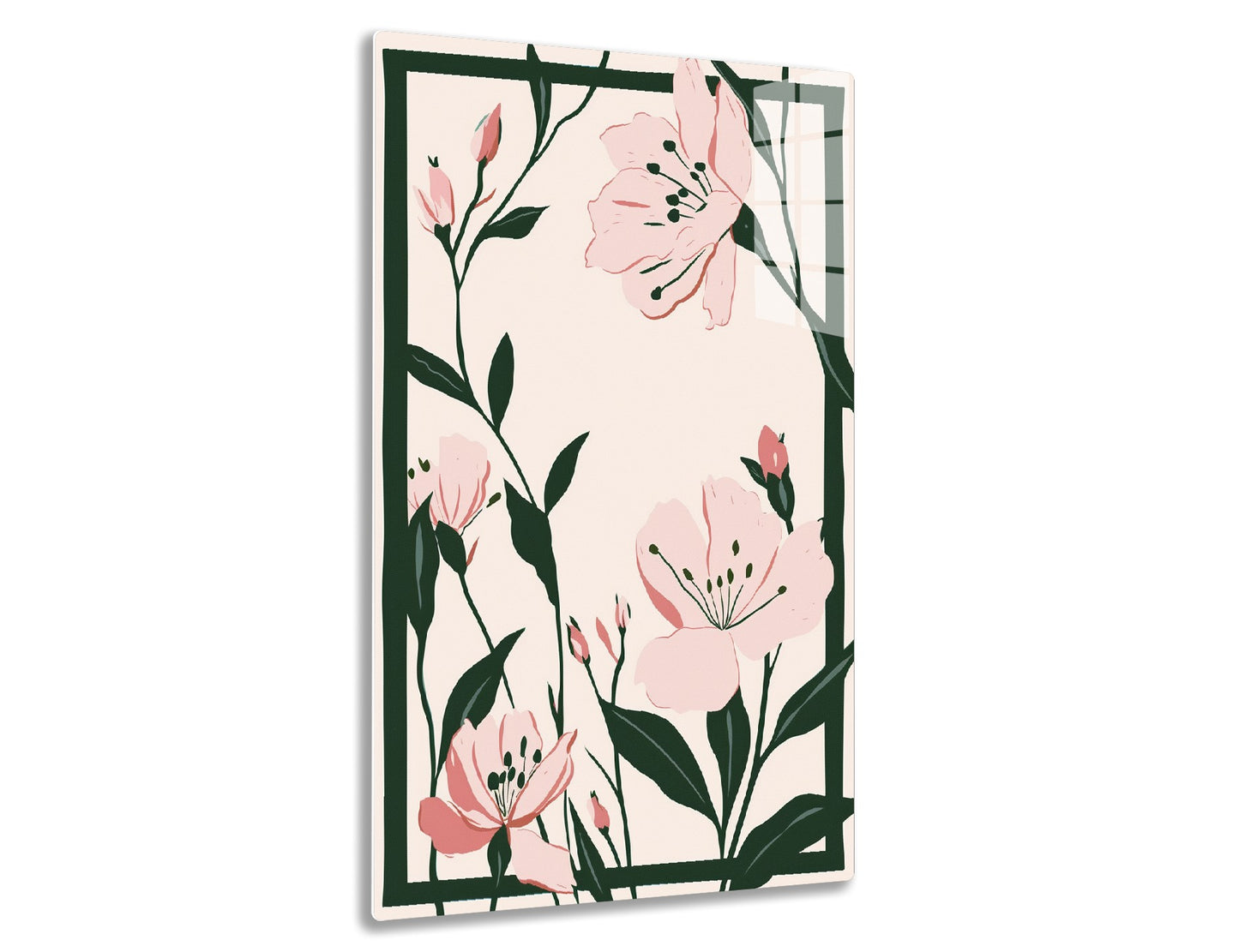A stylized illustration depicting pink lily flowers with green leaves and stems on a pale background, executed in a flat, minimalist art style.
