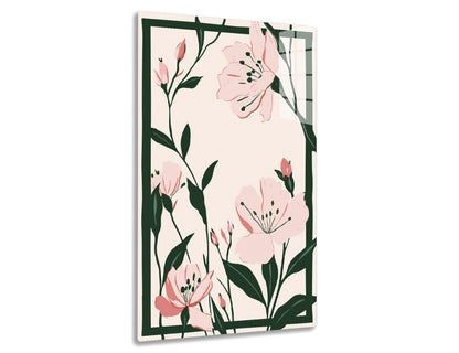 A stylized illustration depicting pink lily flowers with green leaves and stems on a pale background, executed in a flat, minimalist art style.
