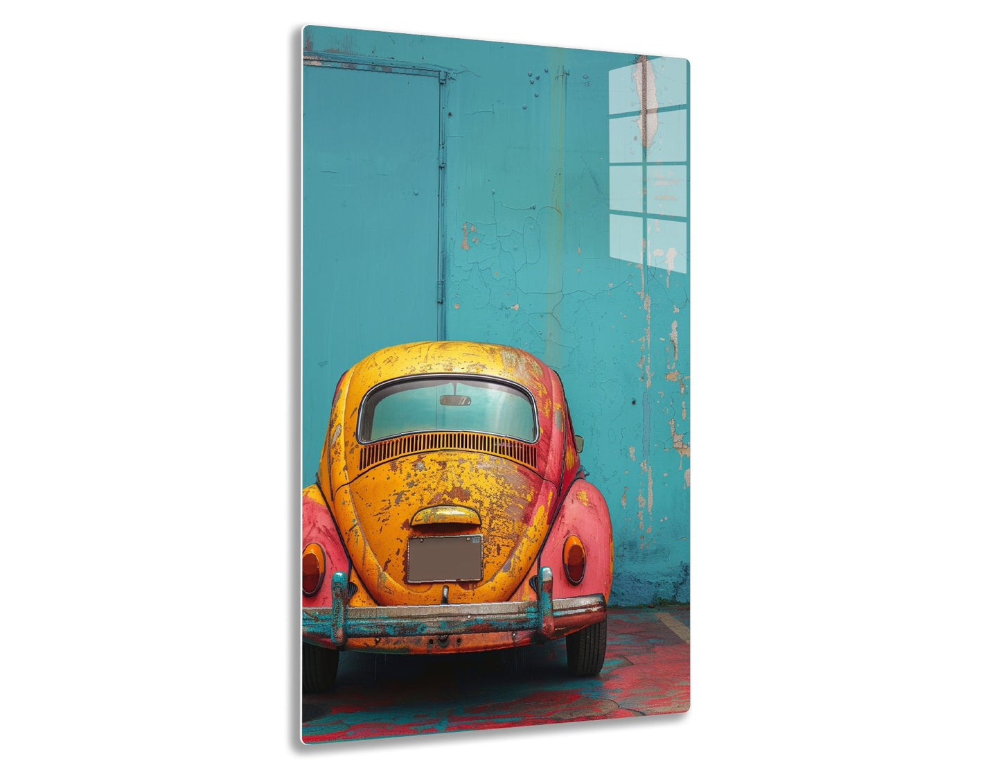 An old, rusty Volkswagen Beetle in vibrant yellow and red tones is parked against a weathered teal wall, creating an artistic contrast between the vintage vehicle and its urban surroundings.
